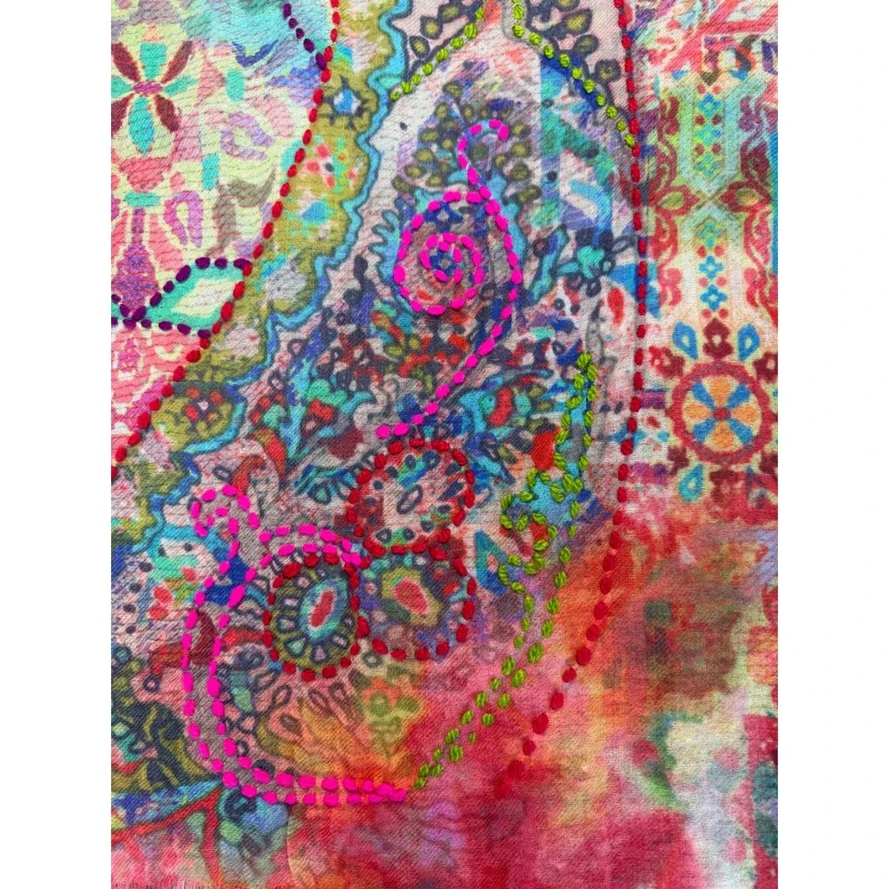 Dolma Wool Silk Scarf Shawl Wrap Lightweight Embroidery Eyelash Fringe 27x70